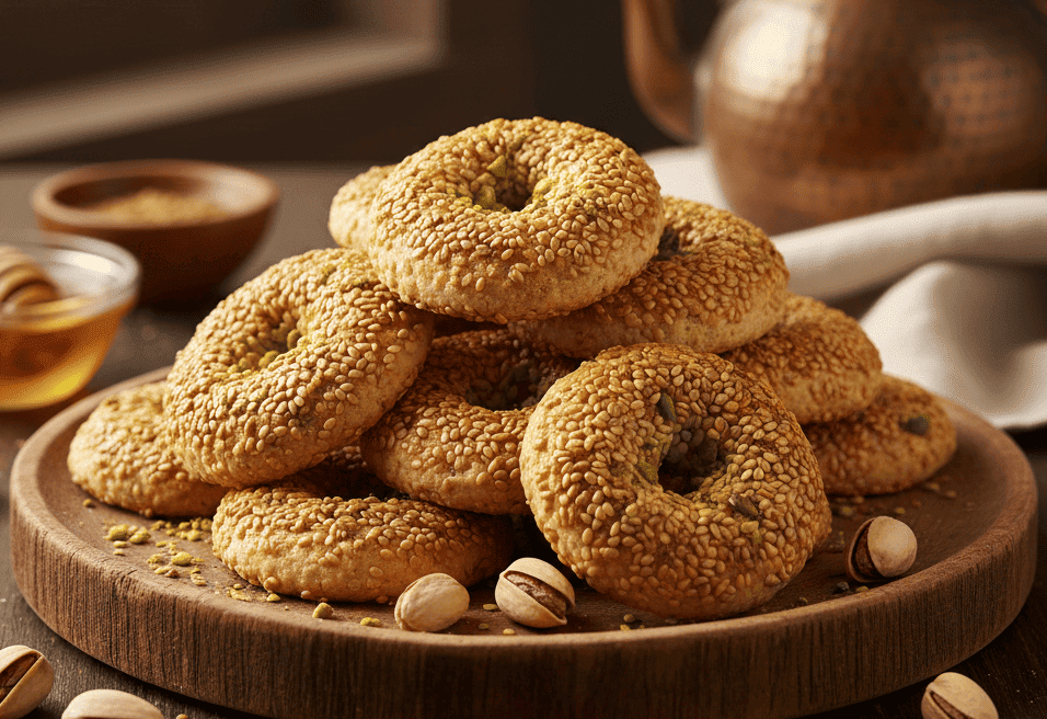 بسكويت السمسم المقرمش بجانب كوب من شاي الكرك الدافئ