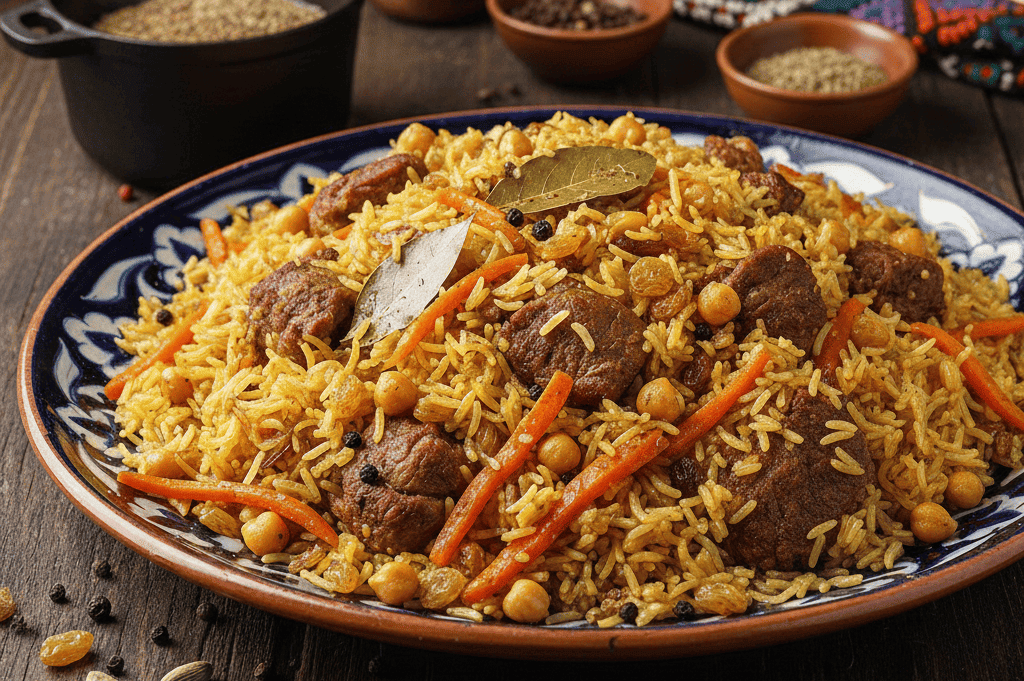 طبق الأرز الأوزبكي الأصلي باللحم والجزر والحمص - وصفة بخاري احترافية