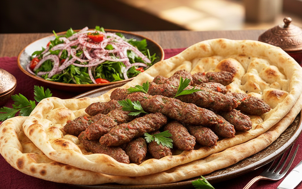 كباب السلطان التركي في الفرن مع الأرز البسمتي وسلطة المشاوي