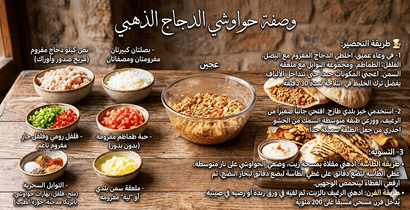 دليل مختصر لمكونات وطريقة تحضير حواوشي الدجاج المنزلي